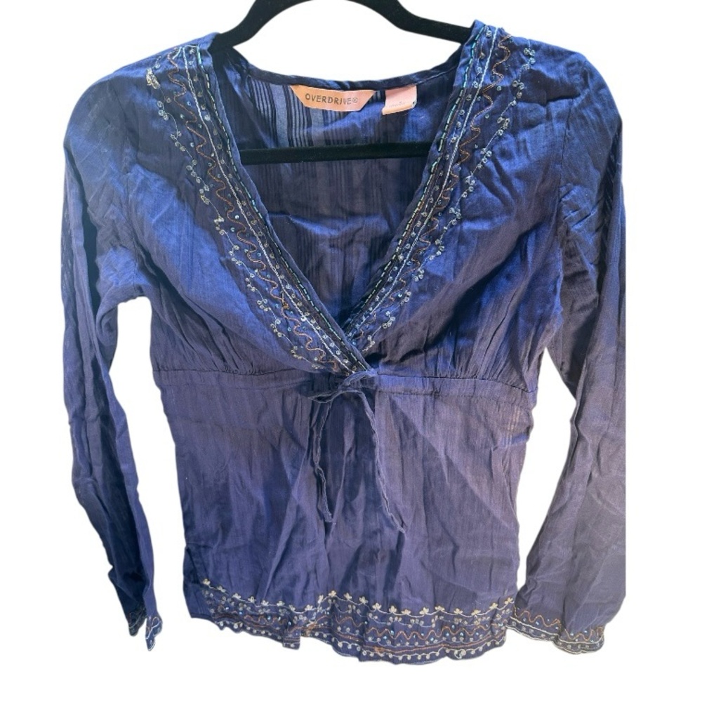 Overdrive Long Sleeve Boho Y2K Cotton Top- size 5 Embroidered Sequin Gauzy Navy